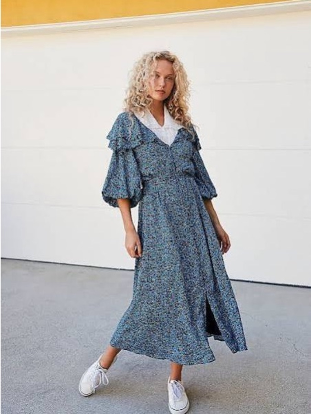 Free People Blue Floral Midi Dress with Ruffle & Tie Waist